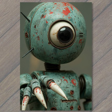 POSTCARD Rusty Big Eyed Robot With Spiked Hands Blue Red Grunge Surface picture