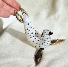 White Leopard Seal figurine hand blown glass figure gold trim 3.75