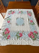 Vintage 1950s Rose Tablecloth Cotton Swirl Border With Aqua picture