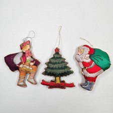 Vintage Embroidered Fabric Christmas Ornaments Set of 3 Santa Tree Figure 4in picture