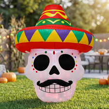 4.5FT Halloween Inflatable Day of the Dead Sugar Skull Sombrero with LEDS | Blow picture