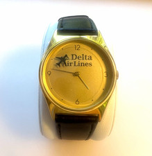 Delta Air Lines vintage Wristwatch Gold Tone Dial Black Leather Band picture