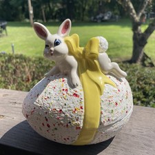 Vtg 70’s Speckled Egg Shaped Ceramic Trinket Candy Dish With Yellow Bow & Rabbit picture