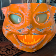 Vtg German Paper Mache Style Halloween Jack-o-Lantern Orange Cat Pumpkin 6