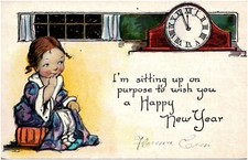 I'm Sitting Up on Purpose to Wish You a Happy New Year Girl 1910s Postcard picture