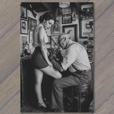 POSTCARD Tattoo Shop Pinup Woman Thigh Ink Artist Black White Retro Glam picture