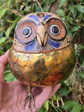 Vintage Mexican Brass & Pottery Owl, Medium, Signed Blazquez Tonala Folk Art  picture