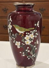 Vintage Asian Cloisonne Blood Red Vase Bird Floral picture
