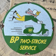 VINTAGE BP TWO-STROKE SERVICE MOTOR OIL GASOLINE 12 INCH PORCELAIN ENAMEL SIGN picture
