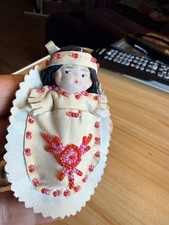 NATIVE TRIBAL Miniature PORCELAIN PAPOOSE & HANDMADE LEATHER CARRIER picture