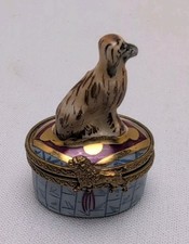Limoges France Peint Main Porcelain Trinket Box Dog Lid Blue/Gold, Swipe Inside  picture
