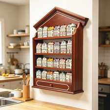 Vintage Wooden Spice Rack with Drawer and 4 Shelves, Wall Mounted Spice Village picture