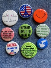 N.O.S. 60's ANTI-WAR,  VIETNAM PEACE PROTEST, 9 Pinback Button Boomer Collection picture