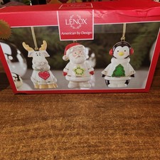 NEW LENOX HEARTFELT CHRISTMAS SET OF 3 MOOSE SANTA PENGUIN ORNAMENTS IN BOX picture