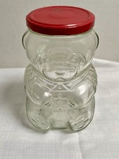 Vtg 1988 Kraft Clear Glass Figurine TEDDY BEAR 6” Jar W Red Metal Lid picture