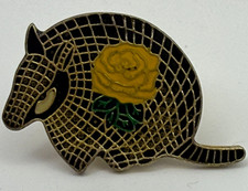 Vintage Texas Armadillo Brooch Pin Yellow Rose Black Gold Enamel Western picture