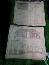 Antique 19th C German Architectural Drawings House Plans Hand Colored 19x21 Pair picture