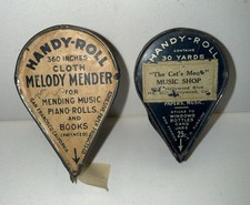 2 Vintage HANDY ROLL Transparent Mending Tape Tin Case Advertising Player Piano picture