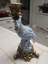 Vintage Blue & White Porcelain Parrot Art Statue Candleholder Ormolu Bronze Base picture