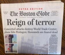 REIGN of TERROR Boston Globe Newspaper 9 11 2001, New Condition Extra Edition picture