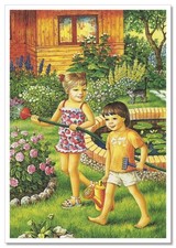 Children's fun Boy, Girl Seasons of the year Summer ART NEW modern Postcard picture