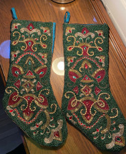 Pier 1 Red Green and Gold Fully Beaded Front Christmas stockings Set of 2 picture