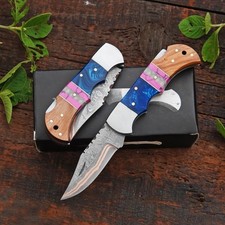 Handmade Copper Damascus Steel Pocket Knife Custom Engraved Folding Knife Sheath picture