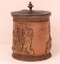 Antique British or Belgian Saltglazed Stoneware Tobacco Jar Pewter Lid c.1860s picture