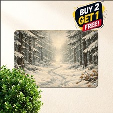 Winter Snow Forest Path Metal Sign Trail Perspective Landscape Decor Plaque picture