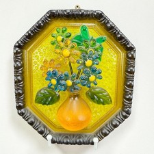 Vintage 3D Resin Floral Vase Wall Art Plaque Octagon Frame Yellow Blue 8x7 VTG picture