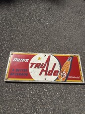 VINTAGE **RARE** 1949 ORANGE TRU ADE PAINTED TIN TACKER SODA BOTTLE SIGN. NICE picture