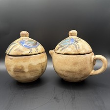 Mara Stoneware Creamer&Sugar Container Mexico Earthtones Blue&Red Wild Life Read picture