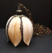 Vintage MCM Carmel Slag Glass Hanging TULIP Pendant Swag Lamp Pendant Fixture picture