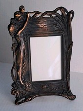 Vintage Art Nouveau Copper Clad Photo Table Frame 4x6 Maiden Woman Iris Flowers  picture
