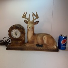 Vtg 1940-50's Lanshire Chalk 10 Point Buck Deer CLOCK Figurine Cabin Farm WORKS picture