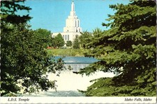 Idaho Falls LDS Temple Postcard 1981 Waterfall Snake River Idaho Chrome picture