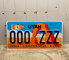 Utah Centennial 1896-1996 State License Plate 1996 Issue 000 ZZZ picture