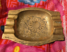 Vintage Solid Brass Floral Etched Ashtray - Made In India -SIGNED- 4.5”x3.5” picture
