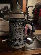 german beer stien vintage blue and cream picture