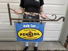 Vtg Pennzoil Ask For Double-Sided Metal Sign Gas OIL Cast Bracket Hanger Store picture