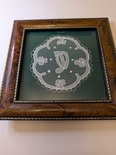 Framed Irish Carrickmacross Lace Celtic Harp Shamrocks Hand Made Ireland Art 6x6 picture