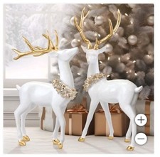 🦌✨ ELEGANT SET OF 2 WHITE CHRISTMAS DEER GREETERS – GOLD ANTLERS & WREATHS ✨🦌 picture