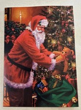 Santa Claus Merry Christmas Tree Card Happy Holidays Greeting Vintage Teddy Bear picture