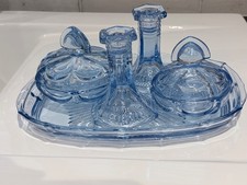 Vintage Blue Glass Art Deco Dressing Table 5 Piece Vanity Set  Impeccable Condit picture