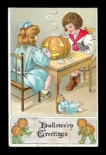 c1909 Brown & Woodley Halloween Postcard Children Having Tea Party JOL, Doll picture