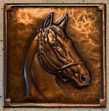Vtg ALBERT GILLES Copper HORSE Repousse Wall Plate Plaque Decor SIGNED 4” x 4” picture