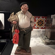 Large French Provençal Santon Man with Umbrella &Bag 30cm Vintage Dressed Figure picture