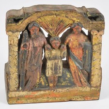 Vintage Holy Family Carved Wood Polychrome Religious Folk Art Relief Sculpture picture