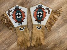 Beaded Leather Gauntlet Gloves Native American Fringe Mens Medium picture