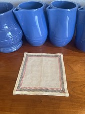 Antique vintage cross stitch embroidered linen table mat pink & brown lovely picture